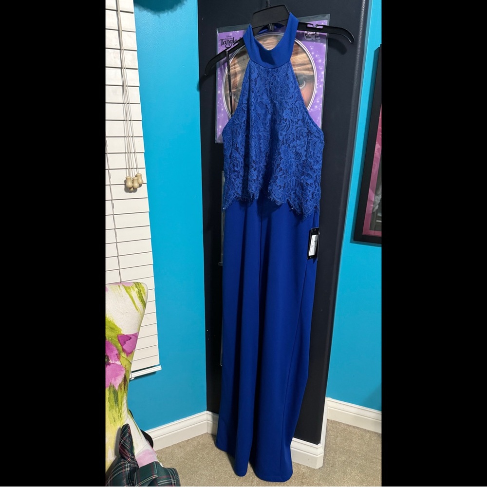 Lulus Royal Blue Sleeveless Halter Top Lace Wide Leg Jumpsuit